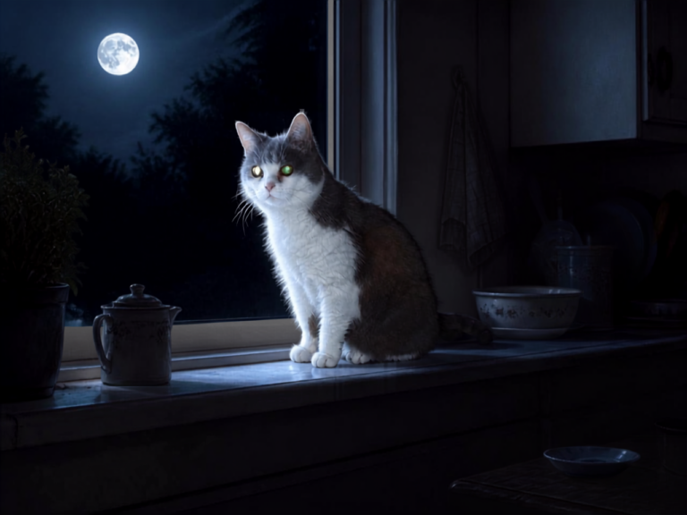 Katze bei Nacht auf Fensterbrett